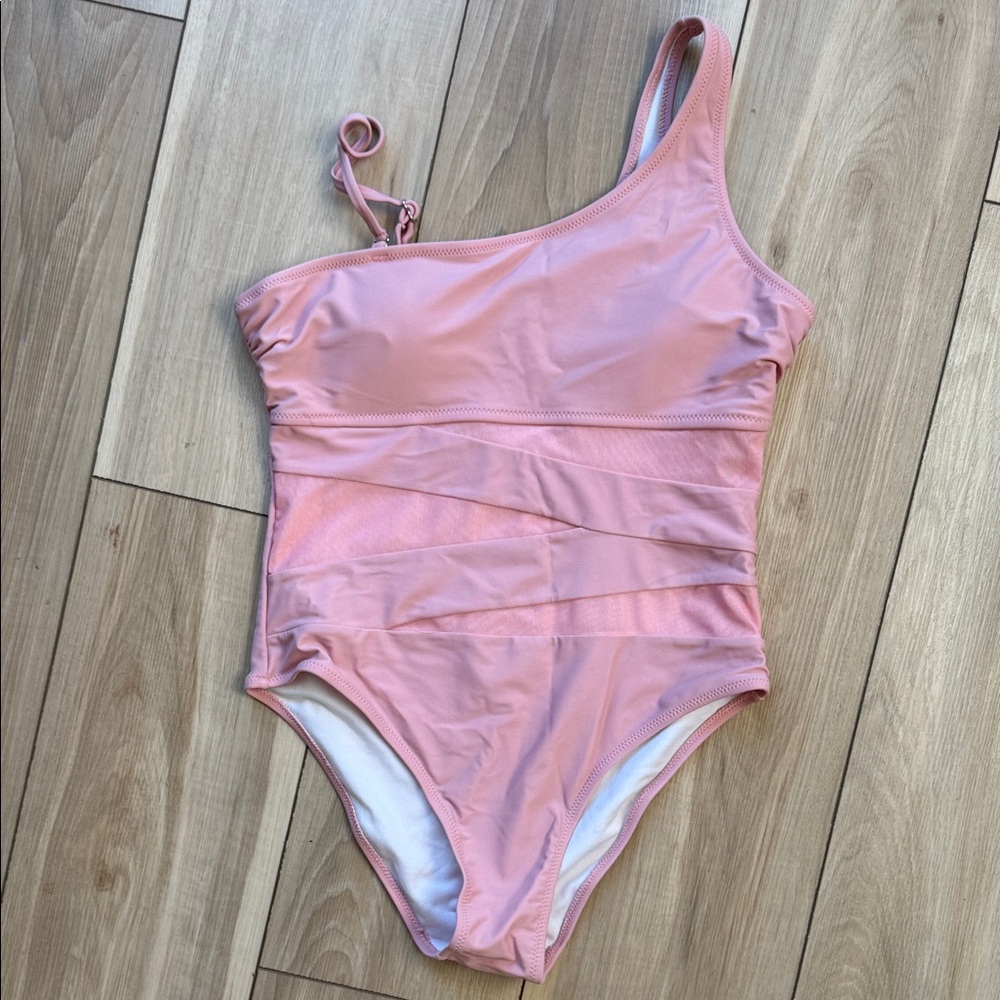 Pink Lily Medium,One-Shoulder Pink Swimsuit